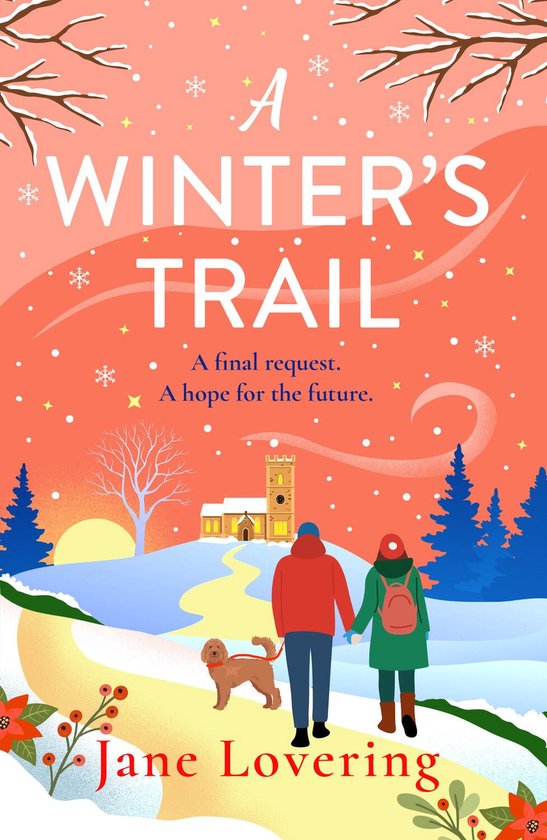Boekomslag 'A Winter's Trail' met een stel dat hand in hand een besneeuwd pad bewandelt met hun hond, op weg naar een kerk.