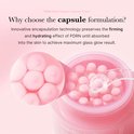 Medicube PDRN Pink Collagen Capsule Cream: close-up van roze capsules in de crème en tekst die de capsuleformulering benadrukt.