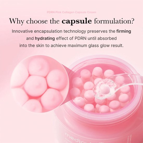 Medicube PDRN Pink Collagen Capsule Cream: close-up van roze capsules in de crème en tekst die de capsuleformulering benadrukt.