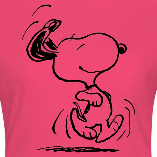 Felroze dames T-shirt met een zwarte tekening van Snoopy die rent.