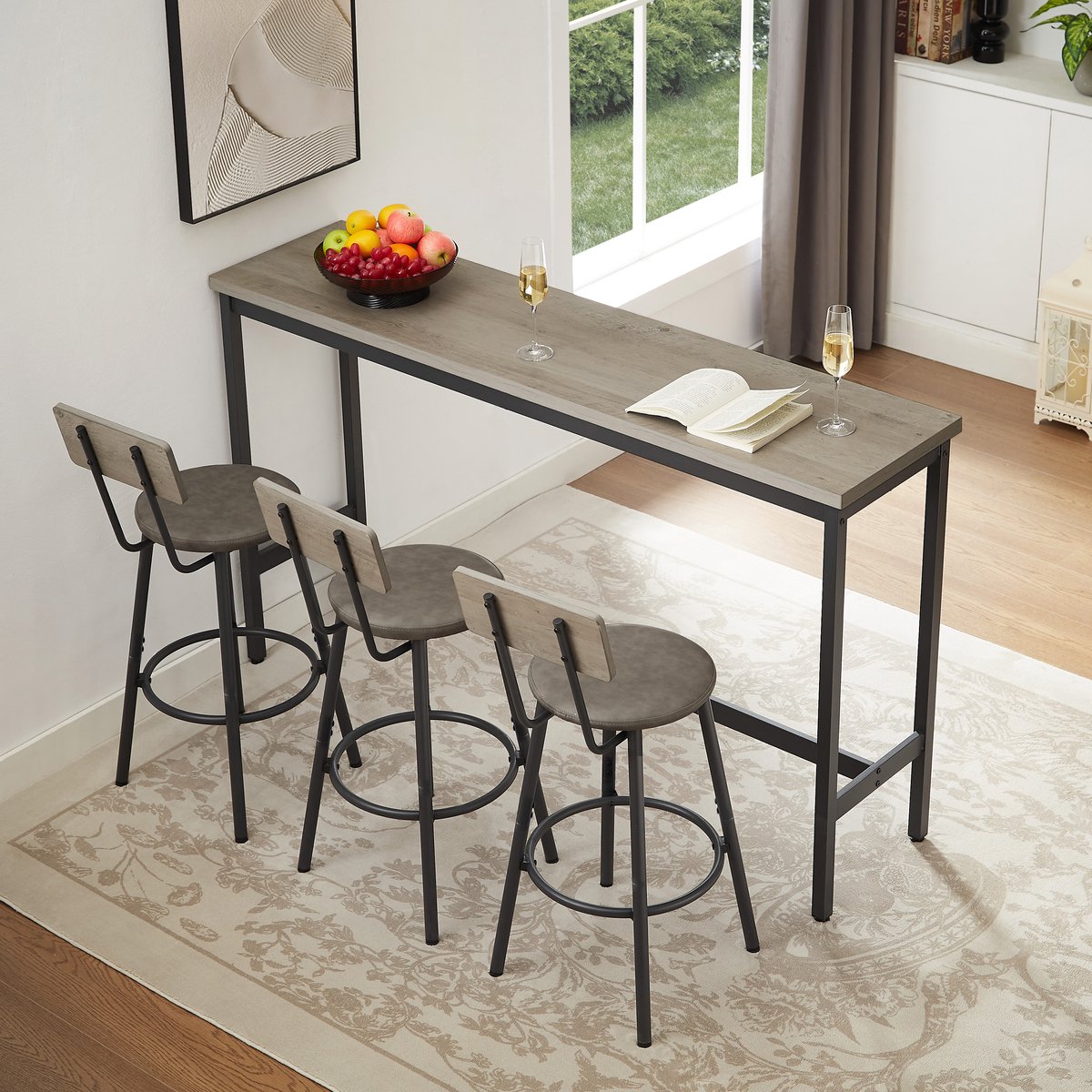 Bartafelset - Lang - Bartafelset met 3 PU Barstoelen Industriële Stijl - Keuken Eetkamer Woonkamer - Hout Metaal - Grijs Zwart
