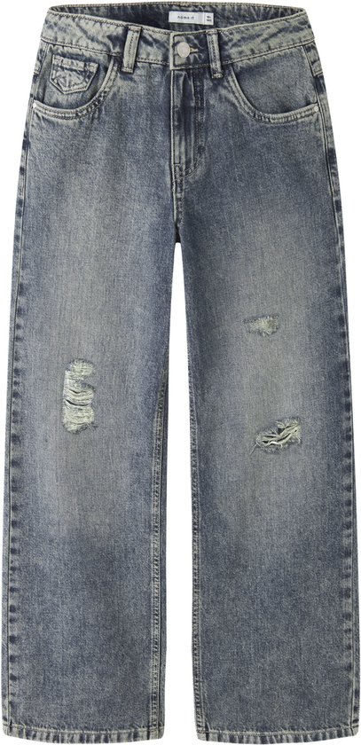 Wijdvallende spijkerbroek met stonewash-effect en distressed details op de knieën. De broek heeft een hoge taille en druppelvormige zakken.