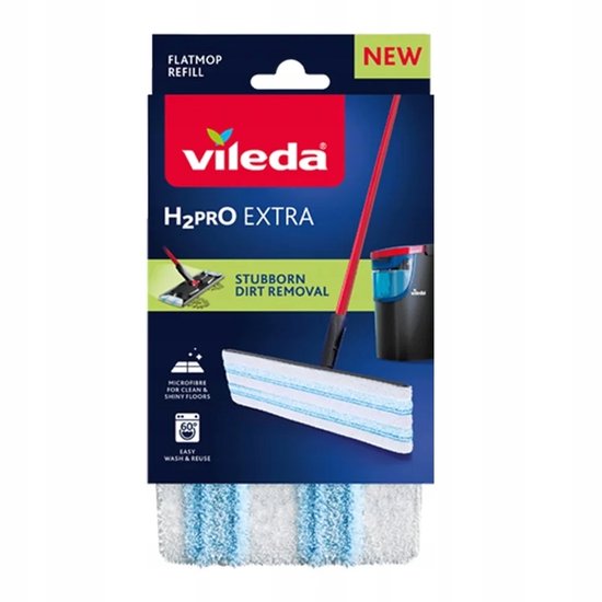 Verpakking van Vileda H2PRO EXTRA Flatmop navulling. Toont dweil met blauwe strepen en de tekst 'STUBBORN DIRT REMOVAL'.