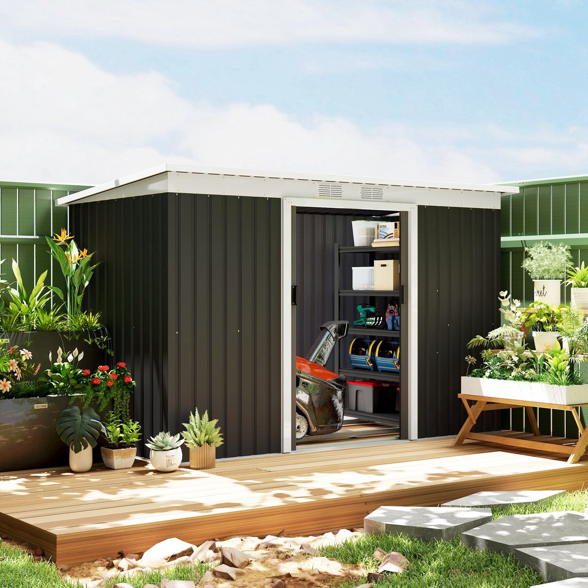 Tuinhuis Metaal, Metalen Schuurtje, Tuinberging Metaal, Gereedschapsschuur, Tuinschuur, Berling Met Schuifdeur, Ventilatieraam, Lessenaarsdak, Buiten, Staal, Donkergrijs, 280 X 130 X 172 Cm