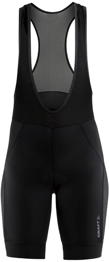 Zwarte fietsbibshort met mesh bovenstuk en grijze zijkanten. Het Craft-logo staat op de rechterpijp.