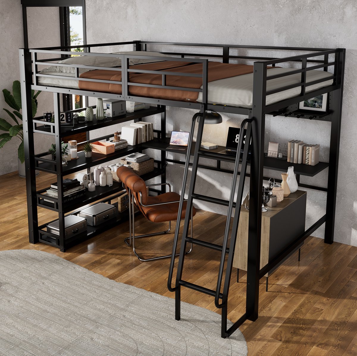 COVREO Hoogslaper met legplanken en veel opbergruimte – Eisen bed met oplaadpunt en viertraps schuine ladder – Bedframe voor volwassenen en jongeren – 208x172x170 cm – Zwart - zonder matras