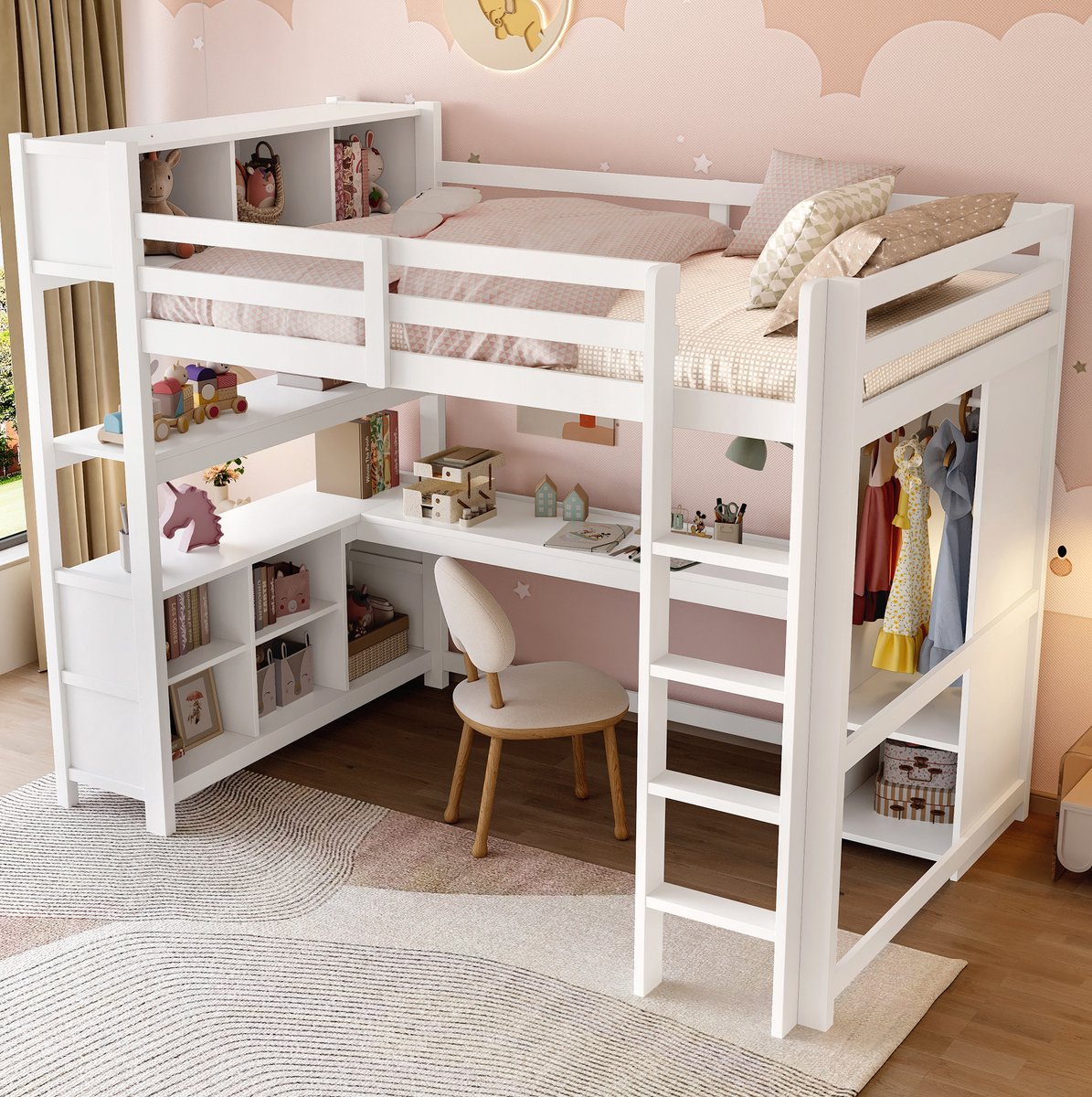 COVREO Hoogslaper met bureau en opbergruimte – 140x200 cm – Bed met kledingkast en planken – voor kinderen – Wit - zonder matras