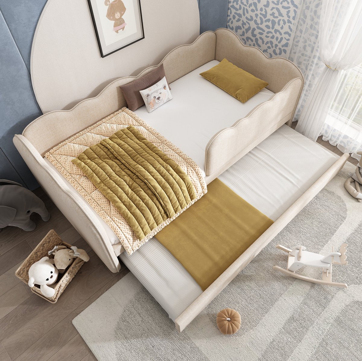 COVREO Gestoffeerde slaapbank van 90x190 cm, kinderbed van 90x190 cm met uitschuifbaar bedframe, lattenbodem, linnen stof, beige, matras niet inbegrepen.