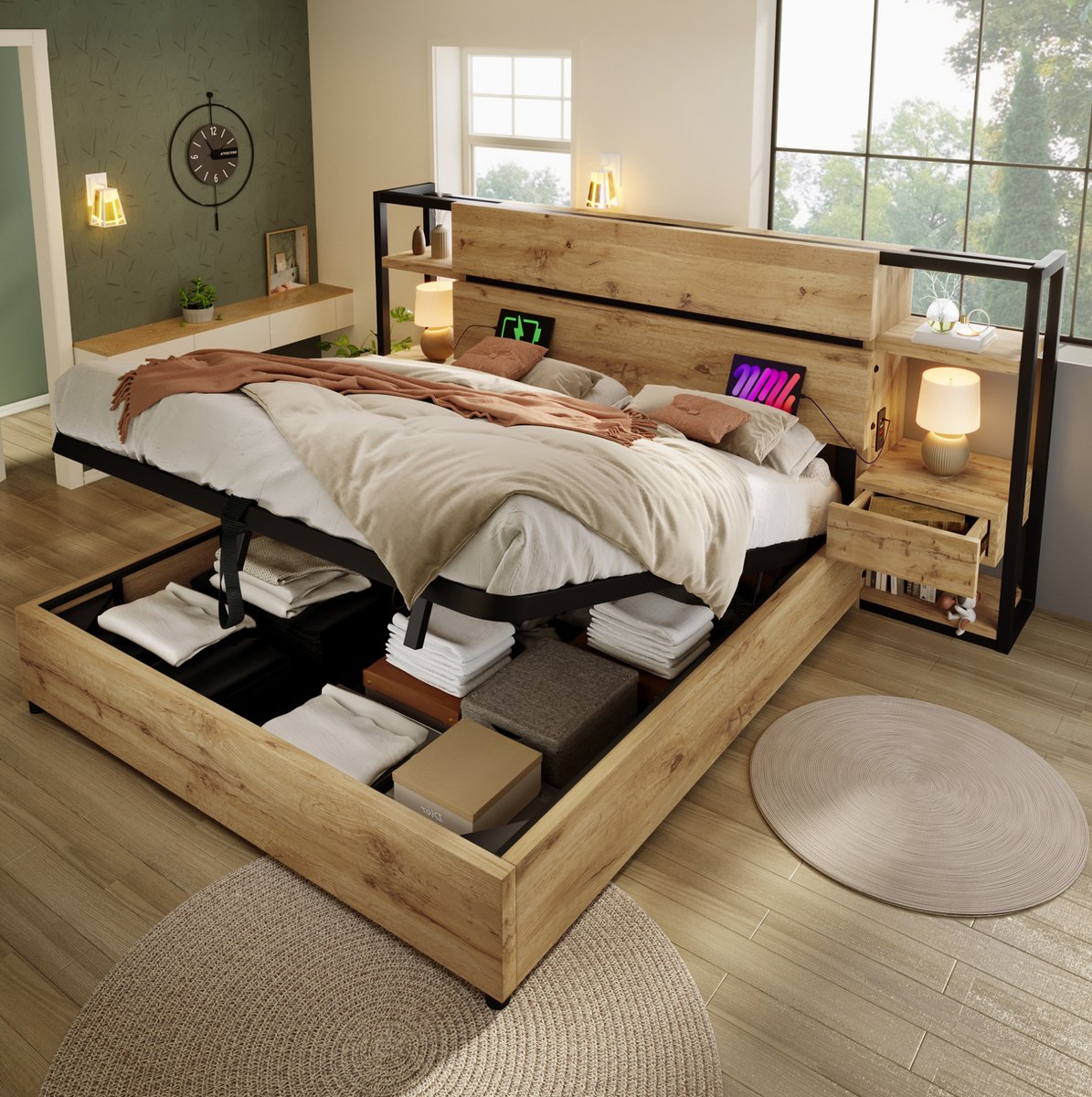 COVREO Houten tweepersoonsbed van 160 x 200 cm, hydraulisch opbergbed, opberghoofdbord met lades en USB- en Type-C-oplaadpoorten, lattenbodem, eikenkleur (matras inbegrepen). Oak