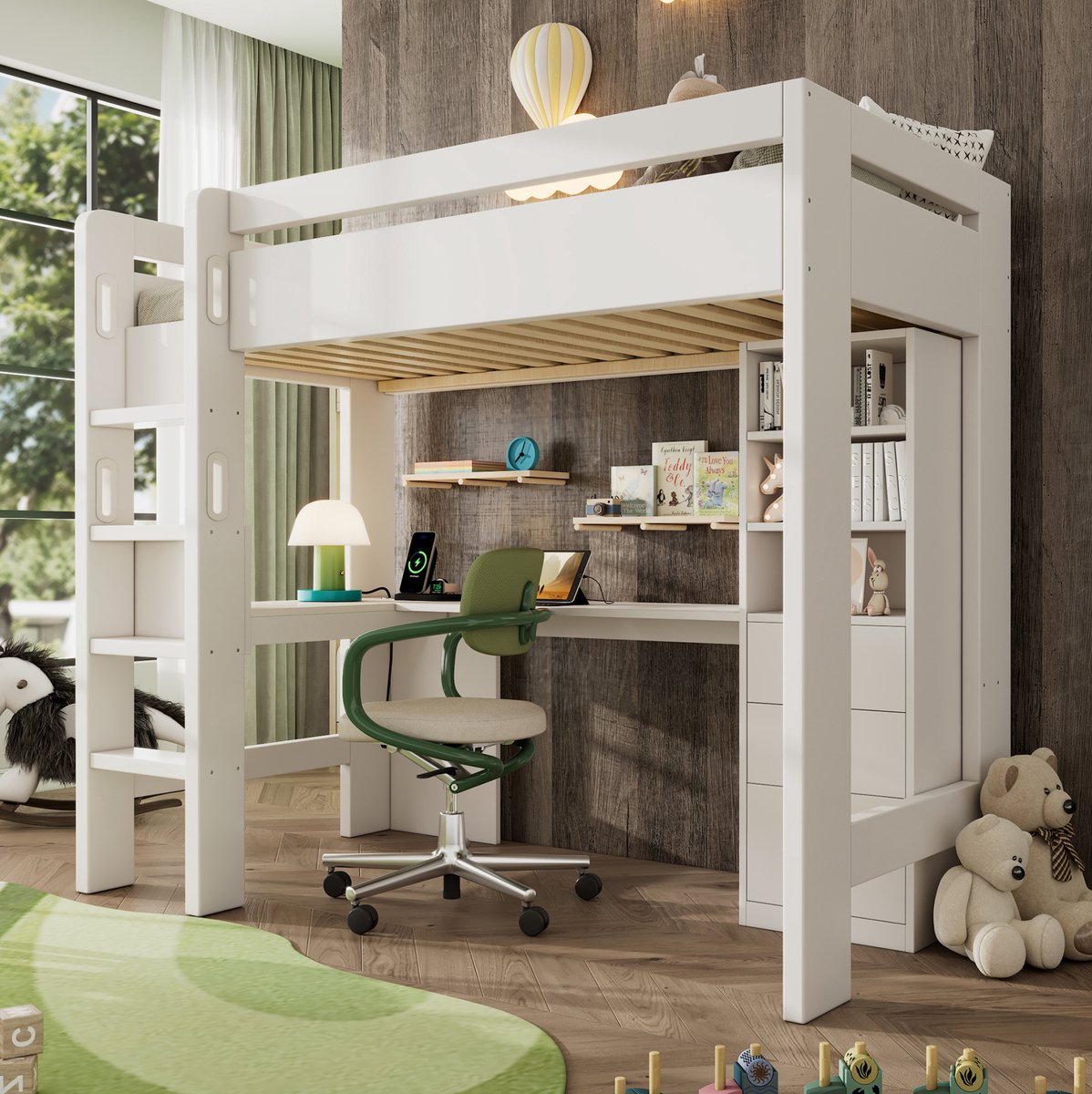 Kinderstapelbed met L-vormig bureau, boekenplank en lades, en USB/Type-C-oplaadpunt; eenpersoonsbed voor tieners met ladder en lattenbodem, 90×200 cm, wit, matras niet inbegrepen.