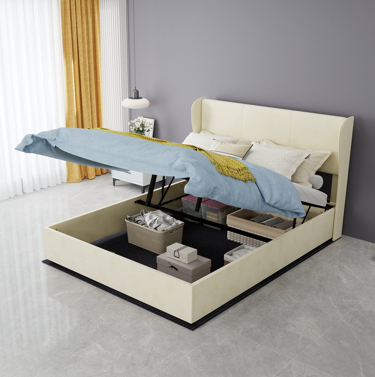 COVREO Modern minimalistisch gestoffeerd bed, 140x200 cm, beige, multifunctioneel slaapkamermeubel met een zacht en comfortabel hoofdeinde, een verhoogd bedframe met opbergruimte en een pneumatisch liftmechanisme. Matras niet inbegrepen.