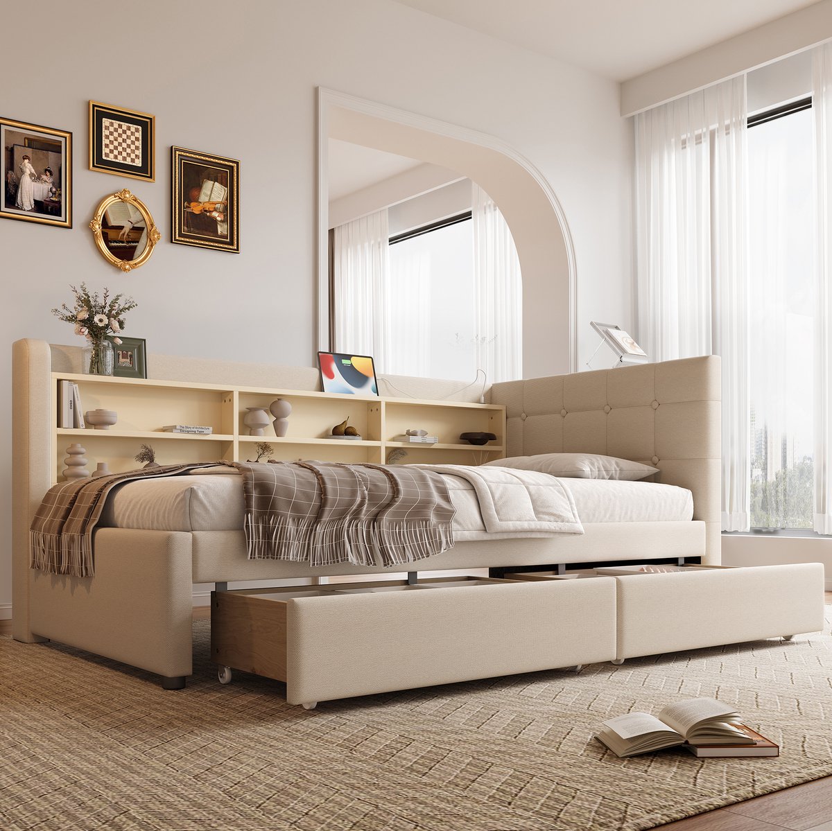 COVREO Bedbank met 2 lades en USB – 90x200 cm – Daybed met opbergvakken en lattenbodem – voor slaapkamer – Beige - zonder matras