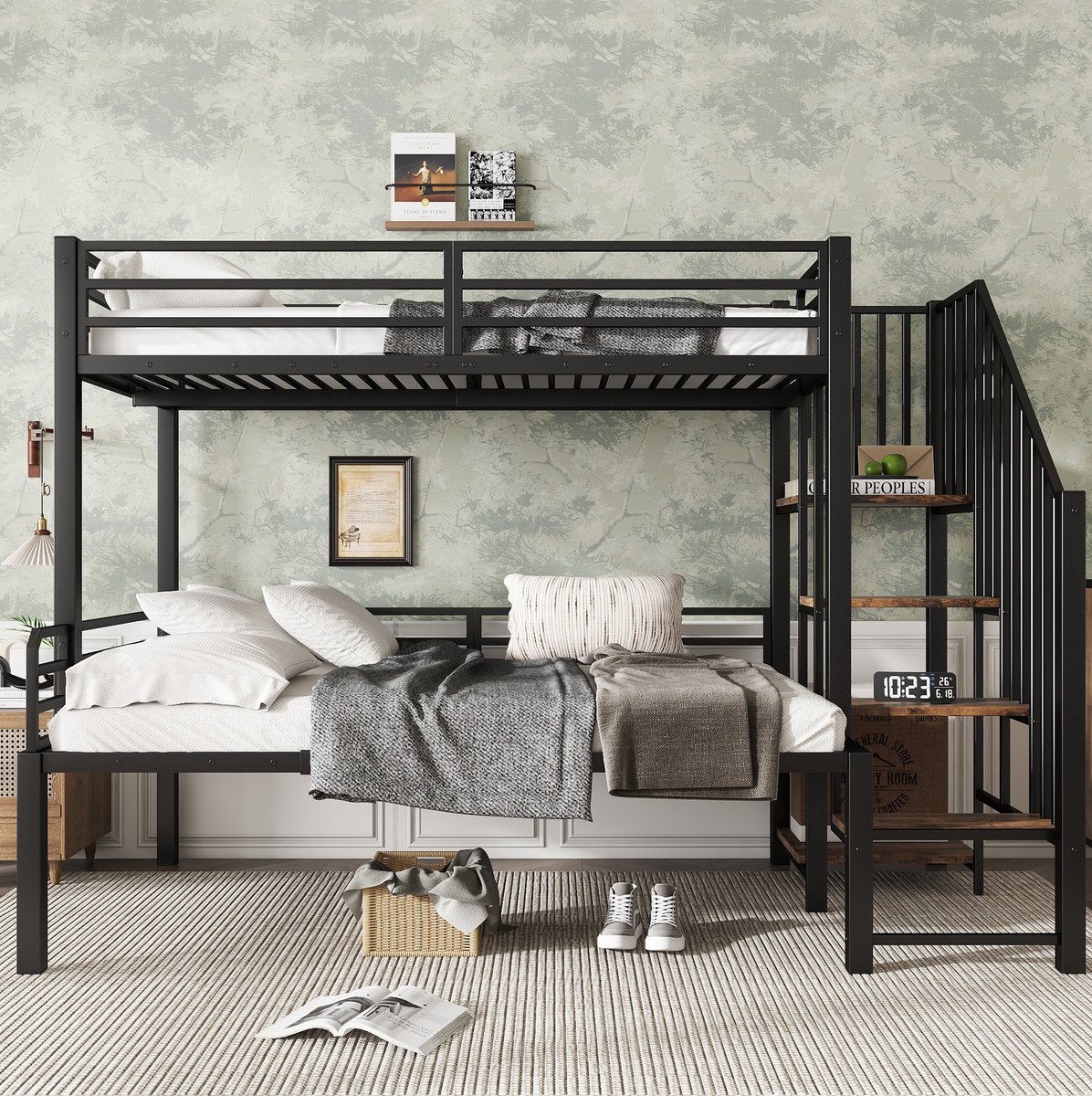 COVREO Etagenbed met hoekladder – 257x124x160 cm – Stapelbed van metaal en MDF – voor kinderen en jongeren – Zwart - zonder matras