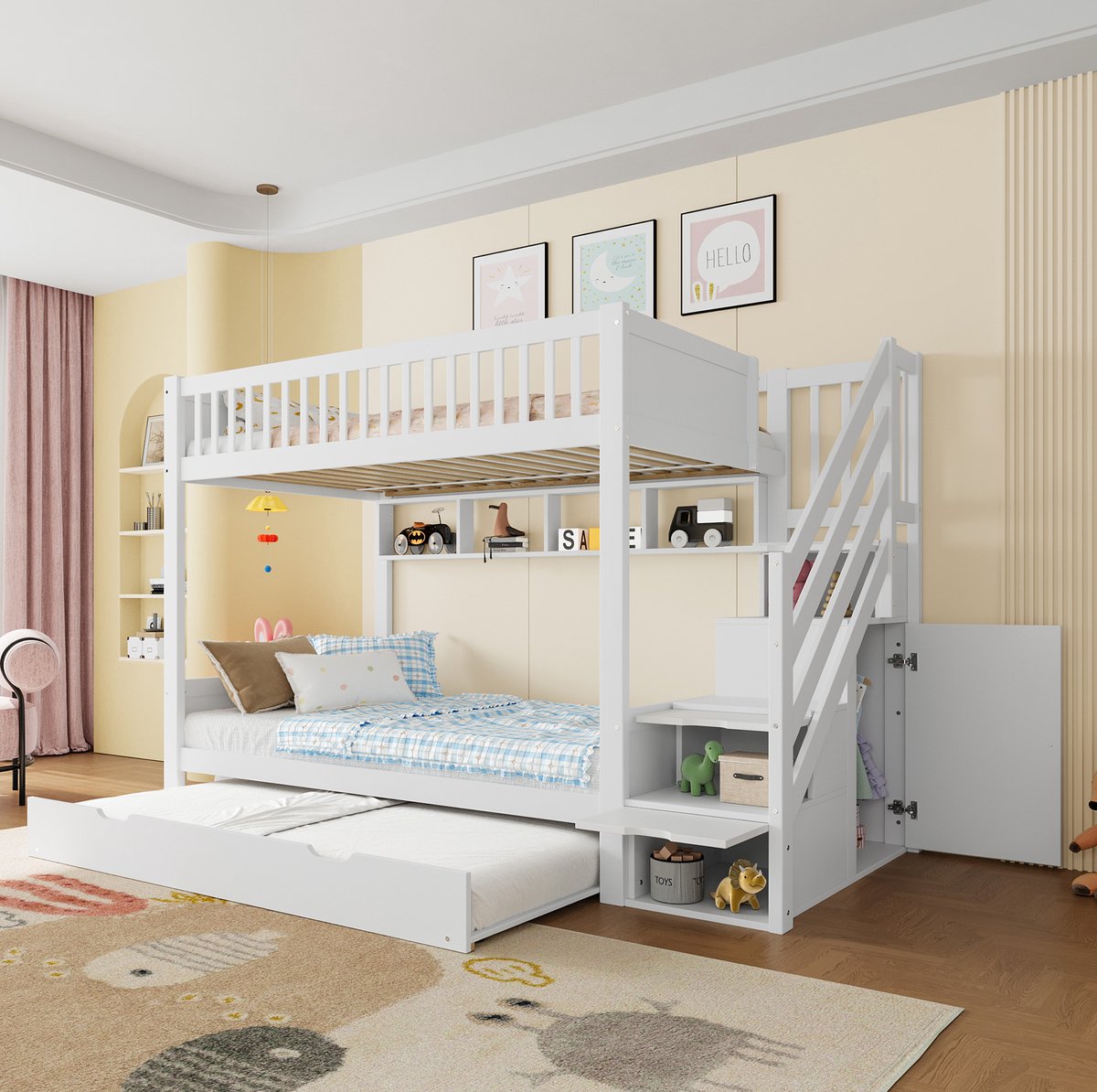 COVREO Stapelbed met uitrekbed – 254x95x165 cm – Kinderbed met kledingkast – Opbergbed voor kinderkamer – Wit - zonder matras
