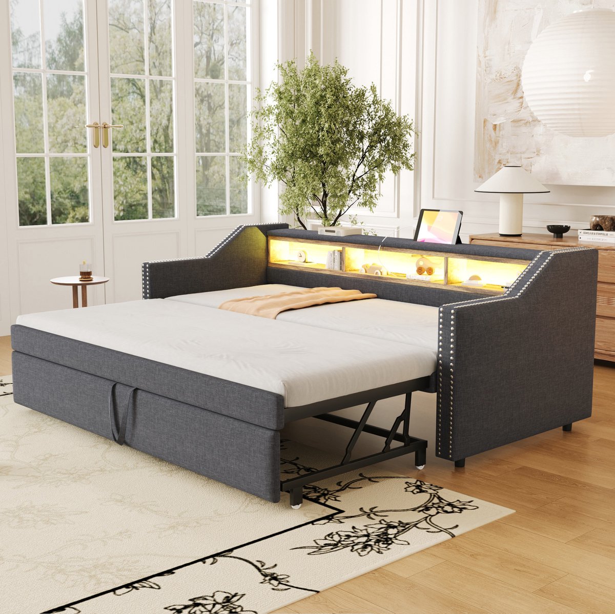 Gestoffeerd bed, uitschuifbare slaapbank, afmetingen 90/180 x 190 cm, met multifunctionele opbergvakken, ledverlichting en USB-poorten. Het bed heeft een lattenbodem en is donkergrijs.