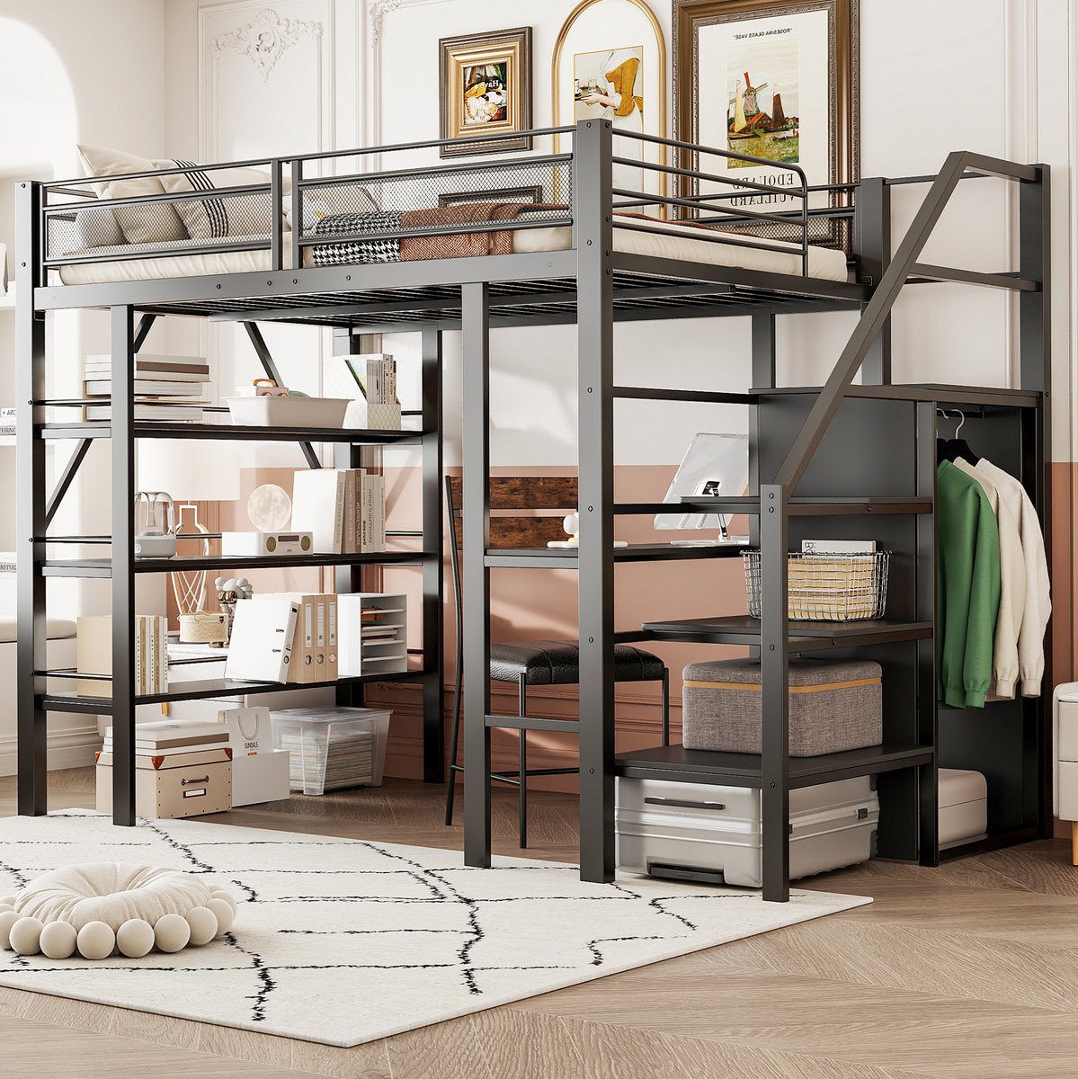 Hoogslaper (140*200 cm), opbergplank met drie niveaus, bureau, kledingkast, veiligheidstrap met opbergvakken, hoge balustrade, smeedijzeren bed, eenpersoonsbed, zwart