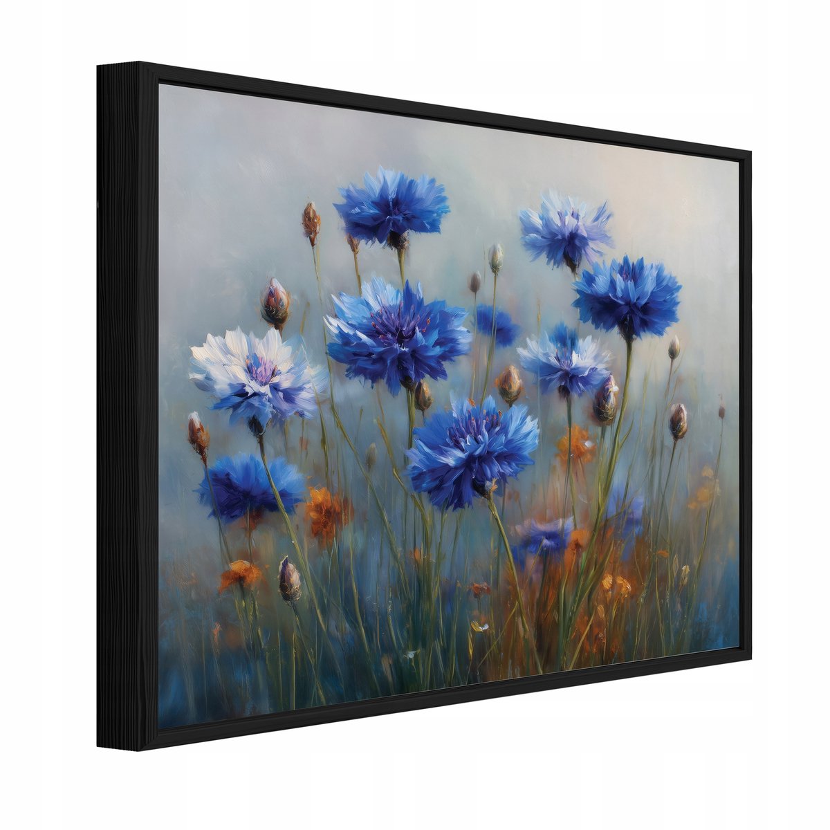 WALLARENA Schilderij op canvas in zwarte lijst - 40x30 cm - blauwe bloemen - wanddecoratie woonkamer en slaapkamer Veelkleurig