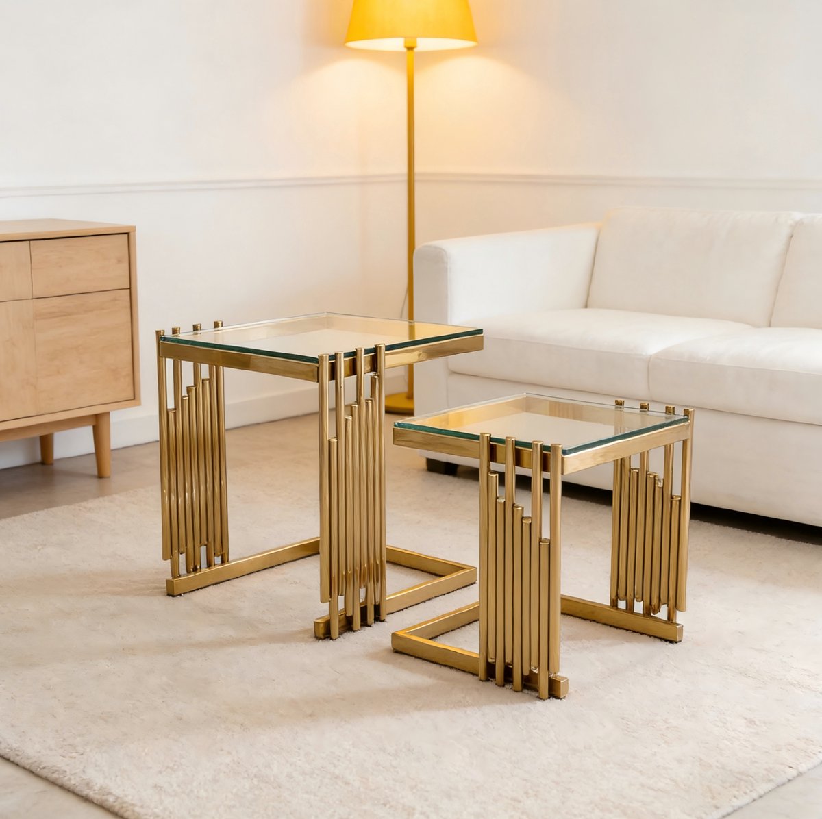 STILVORA Bijzettafel Set - Vierkant Met Gehard Glas - Flexibel Voor Woonkamer Slaapkamer En Balkon - Rvs En Glas - Goud Goud En Transparant