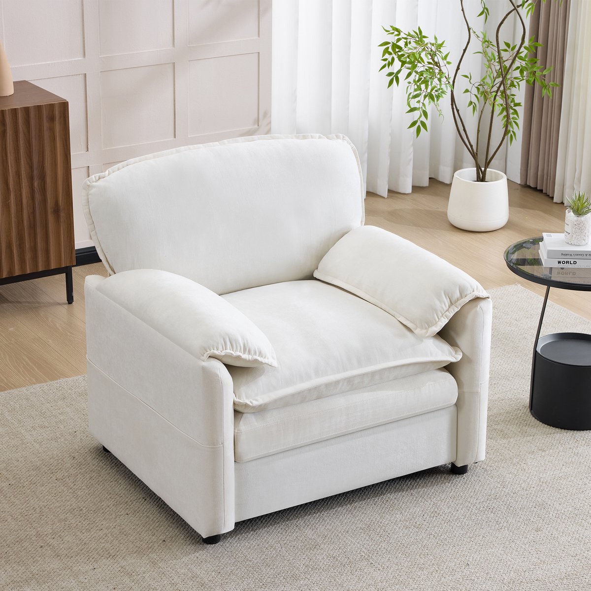 DESMIU Fauteuil 96 x 90 x 92 Cm - Dubbele Opbergvakken En Zachte Zitting - Voor Woonkamer, Balkon En Slaapkamer - Stof - Wit