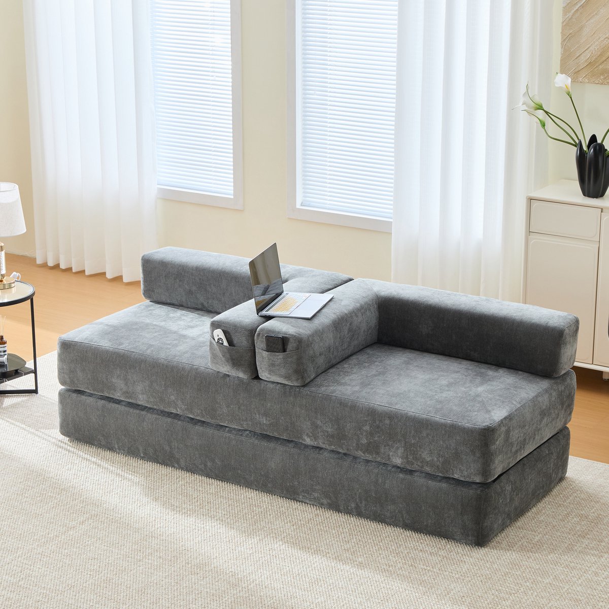 DESMIU Modulaire Bank 198 Cm - Zacht Chenille Met Armleuningen, Opbergvakken En Anti-Slip Onderzijde - Voor Woonkamer En Speelhoek - Donkergrijs