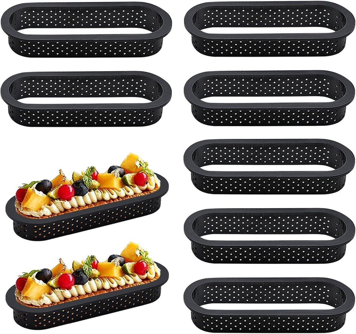 Set van 6 Perforated Dessert Ringen en Taartvormen, Ovalen en Ronde Cakepannen, Temperatuurbestendig en Antiaanbaklaag voor Mousse en Taartjes