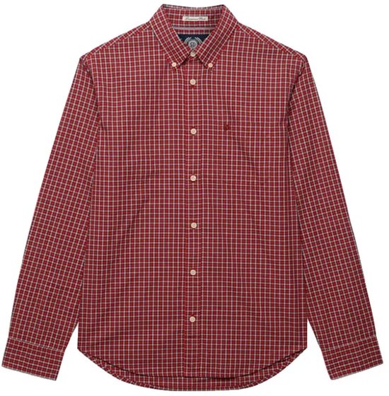 Rood geruit overhemd met lange mouwen, staand.