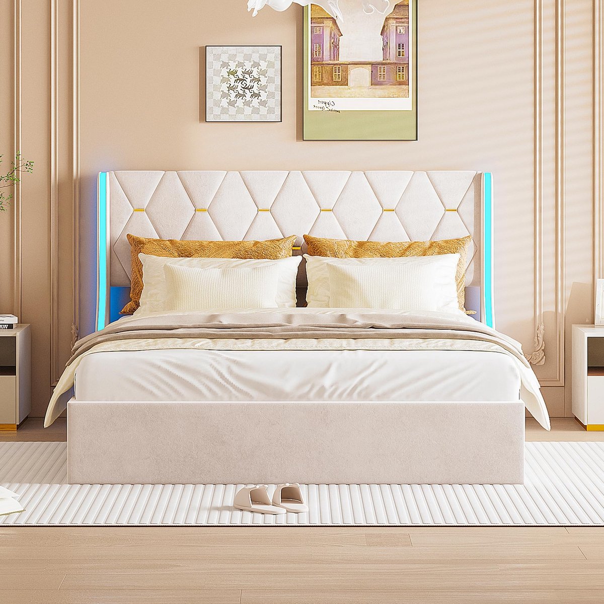 Tweepersoonsbed met LED Verlichting en Opbergruimte - 160 x 200 cm - Beige