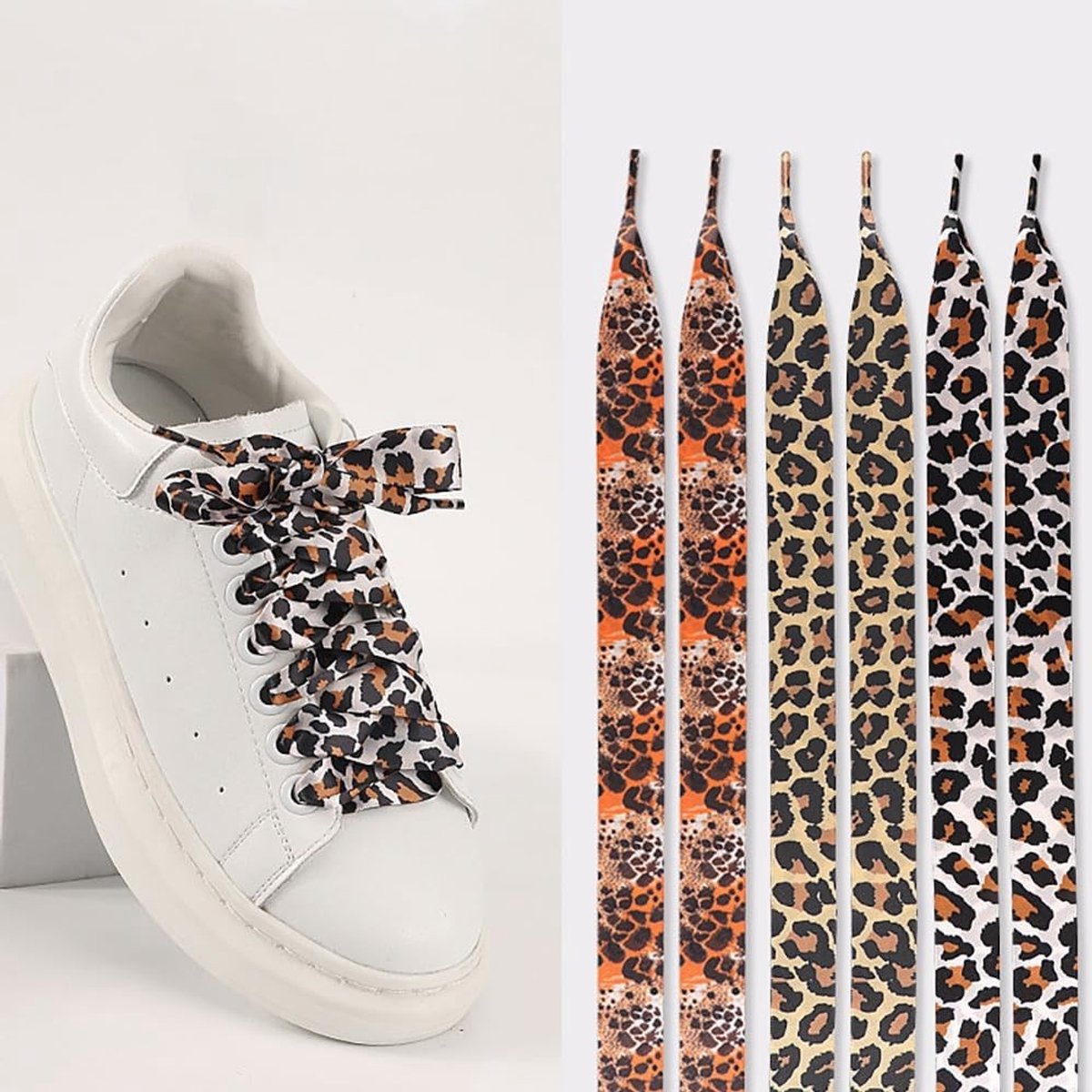 Dierenprint Veters, 2 Paar Platte Elastische Veters voor Sneakers, Satijnen Luipaardpatroon voor Sportieve Schoenen
