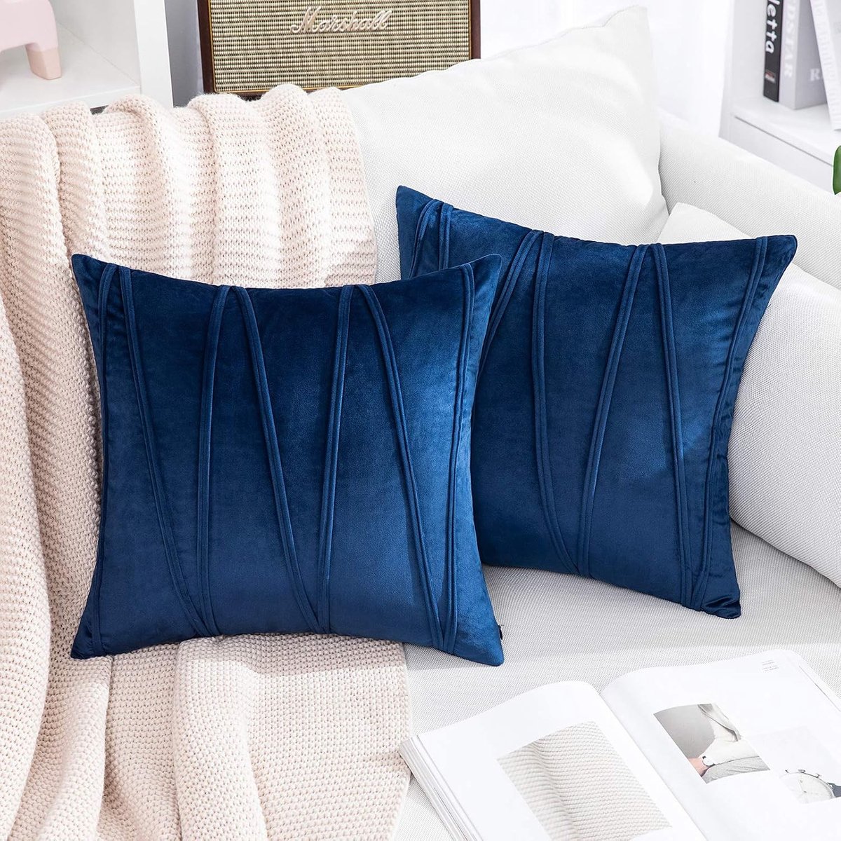 Set van 2 Fluwelen Decoratieve Kussens voor de Bank, Slaapkamer en Woonkamer, 40 x 40 cm, Donkerblauw met Verborgen Rits en Streepdessin
