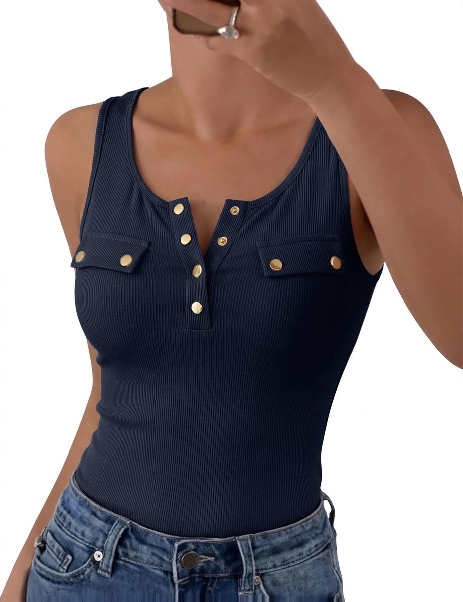 Dames V-Hals Tanktop - Mouwloos en Ribbelstructuur Donkerblauw