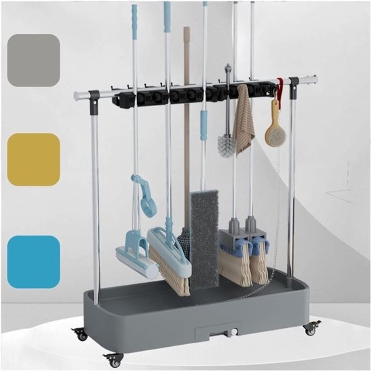 Bezem Dweilhouder - Opbergwagen Schoonmaak - Huis Organiseren - Verplaatsbaar Met Wielen - 62 cm - Grijs