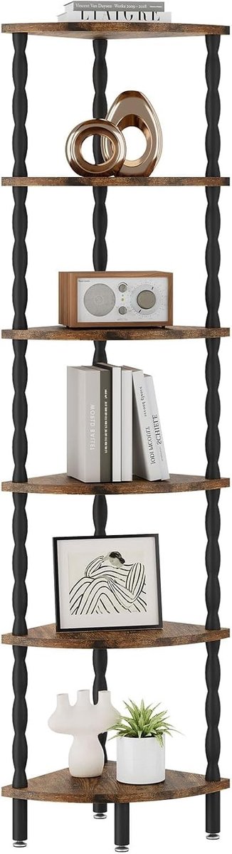 6-Tier Hoekplank, Stijlvolle Boekenplank voor Kleine Ruimtes, Industrieel Hoekopslag en Display Meubel in Bruin