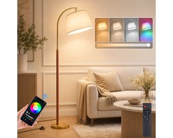 Lapamax Scandinavisch Slimme Vloerlamp -Staande Lamp met Houten Paal en Linnen Lampenkap - RGB+CCT…