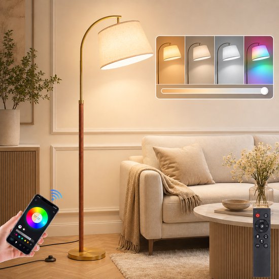 Gouden boog vloerlamp met houten accenten, linnen kap, in een woonkamer. Bediening via app en afstandsbediening. Toont 4 lichtmodi: warm, neutraal, koel, RGB.