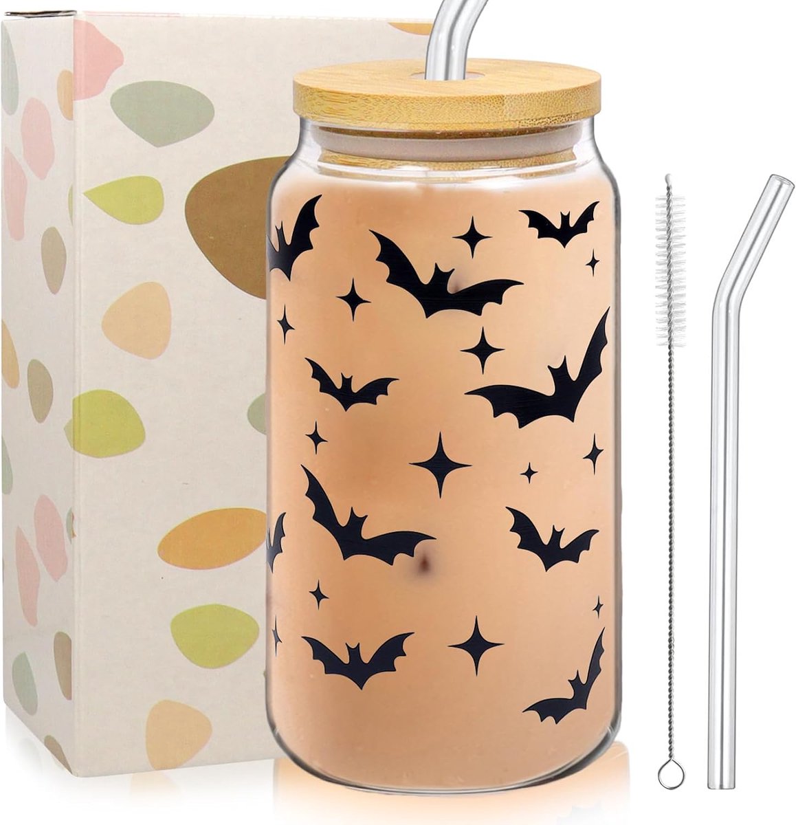 Halloween Glazen Beker - 500 ml Drinkbeker met Deksel en Rietje - Voor Koffie, Thee en Feestdrankjes - Incl. Rietborste - Knuppel