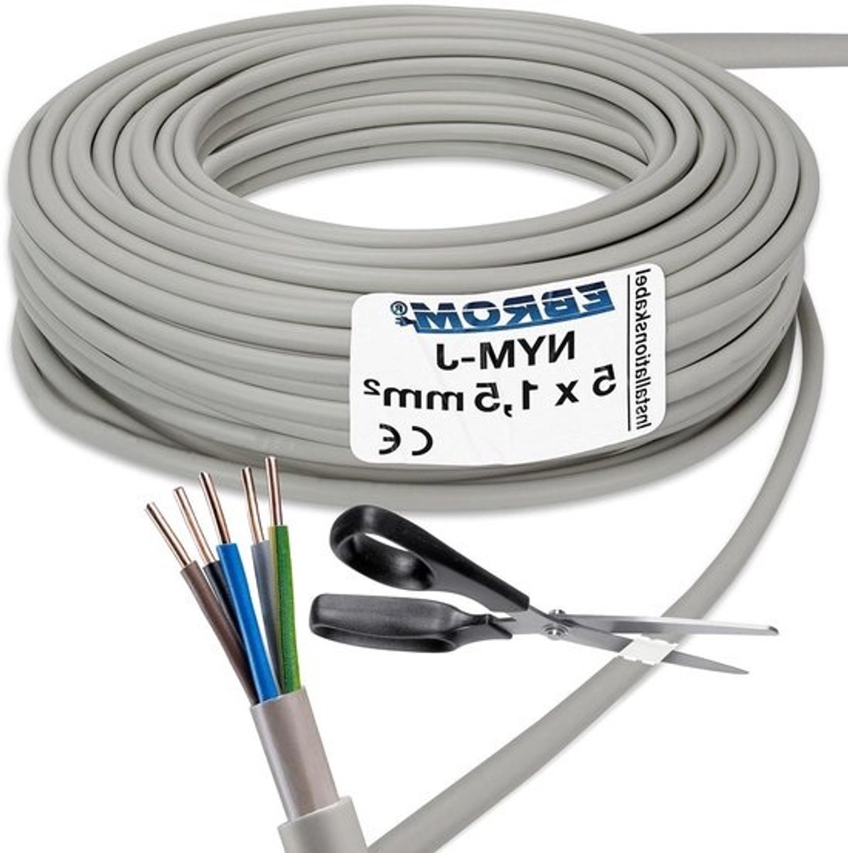 Installatiekabel NYM-J - Elektriciteitsdraad Stroomkabel - Vaste Elektrische Installatie - Afgeschermd tegen Interferentie - 5x15 mm² - Grijs