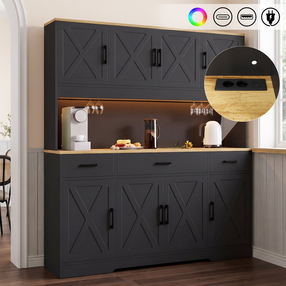 Clruro Dressoir - 150 x 40 x 180 cm - LED en Stopcontact - 2 Wijnglashouders - PB - Zwart/Eiken