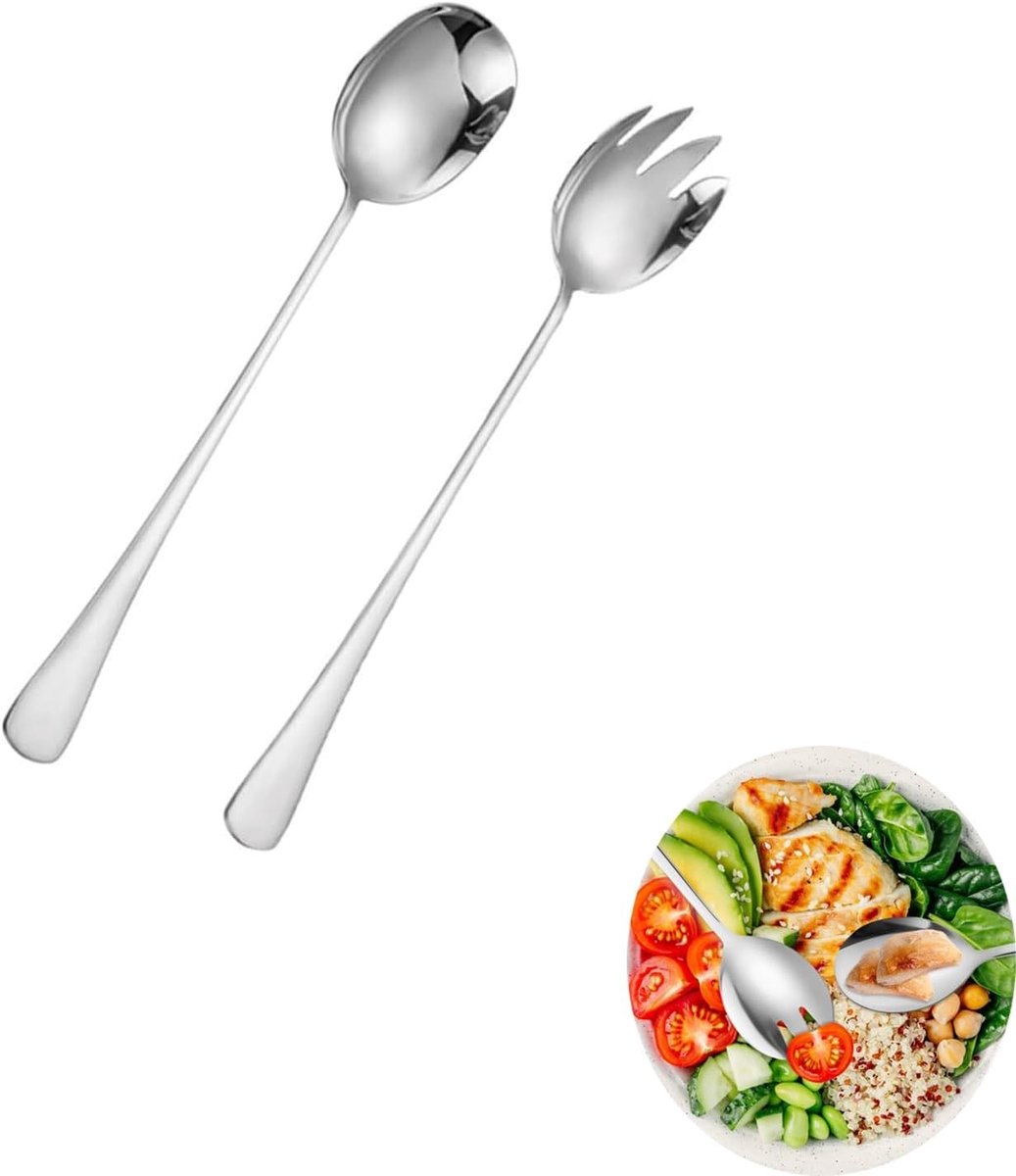 Set van 2 Lange RVS Saladescheppen en Vorken - Multifunctionele Keukenhulpmiddelen voor Salades, Fruit en Noodles - Geschikt voor Vaatwasser en Buffetgebruik