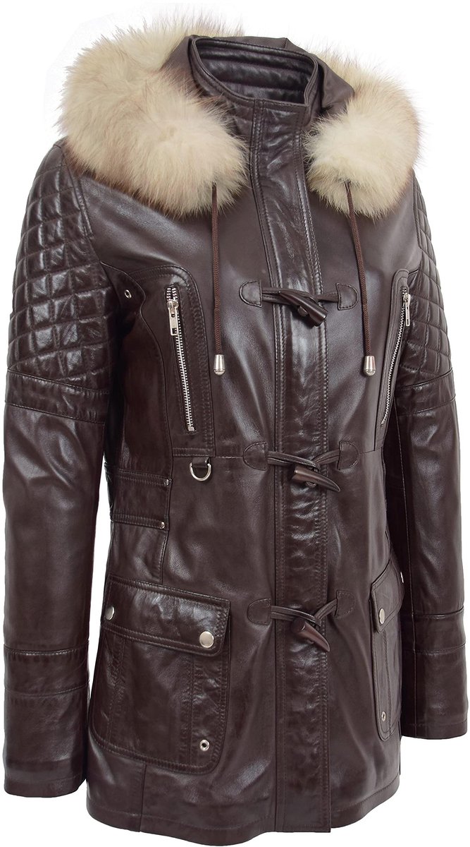 Dames Duffle Coat - Echt Leer - Bruin