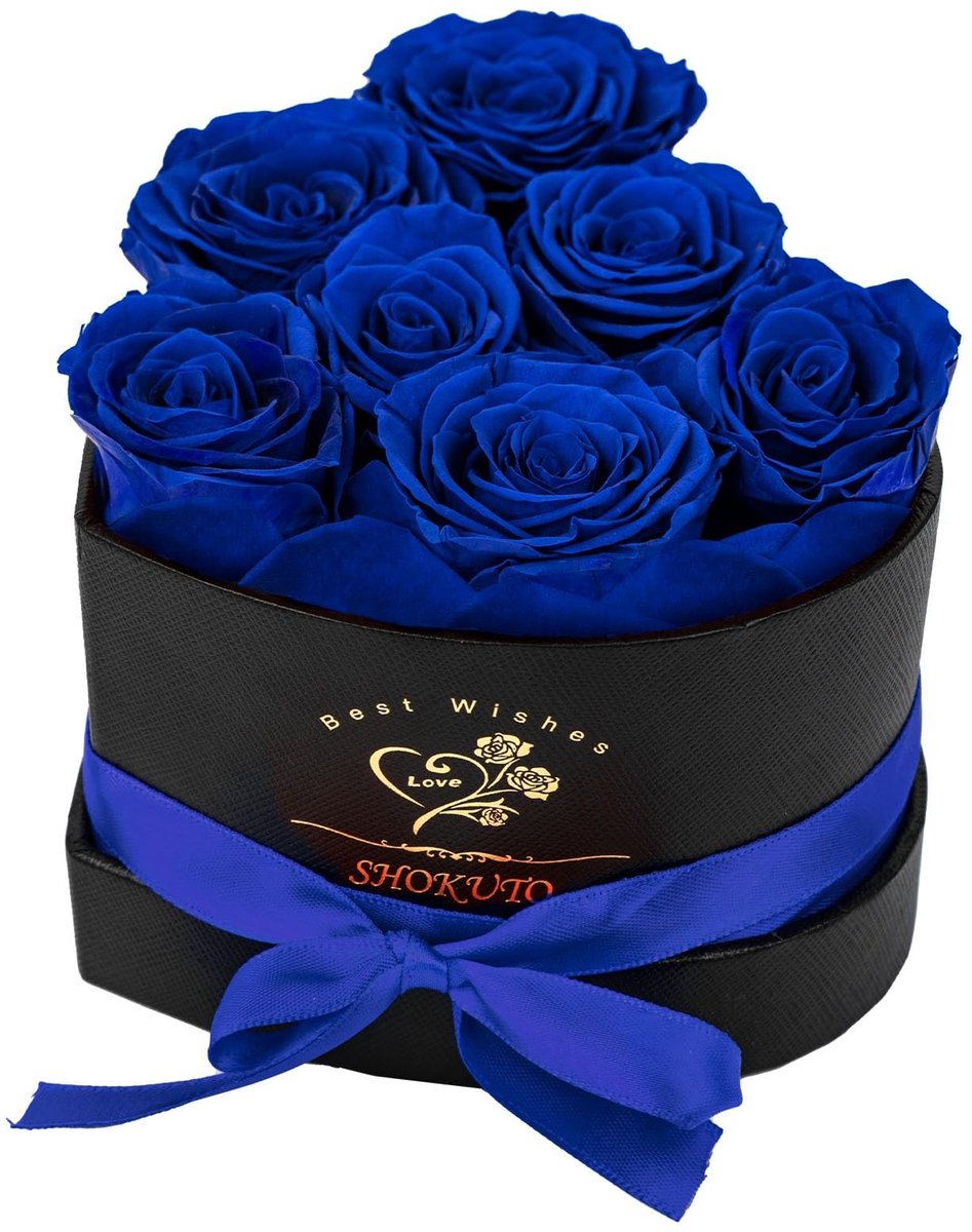 7 Stuks Bewaarde Verse Blauwe Rozen in Hartvormige Doos