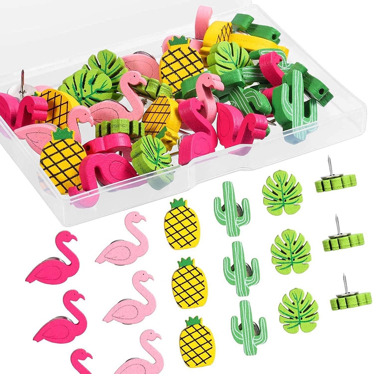 Decoratieve Duimspelden voor Foto's en Kaarten - 30 Stuks met Hawaii, Flamingo, Ananas en Cactus Design voor Corkboard en Wanddecoratie