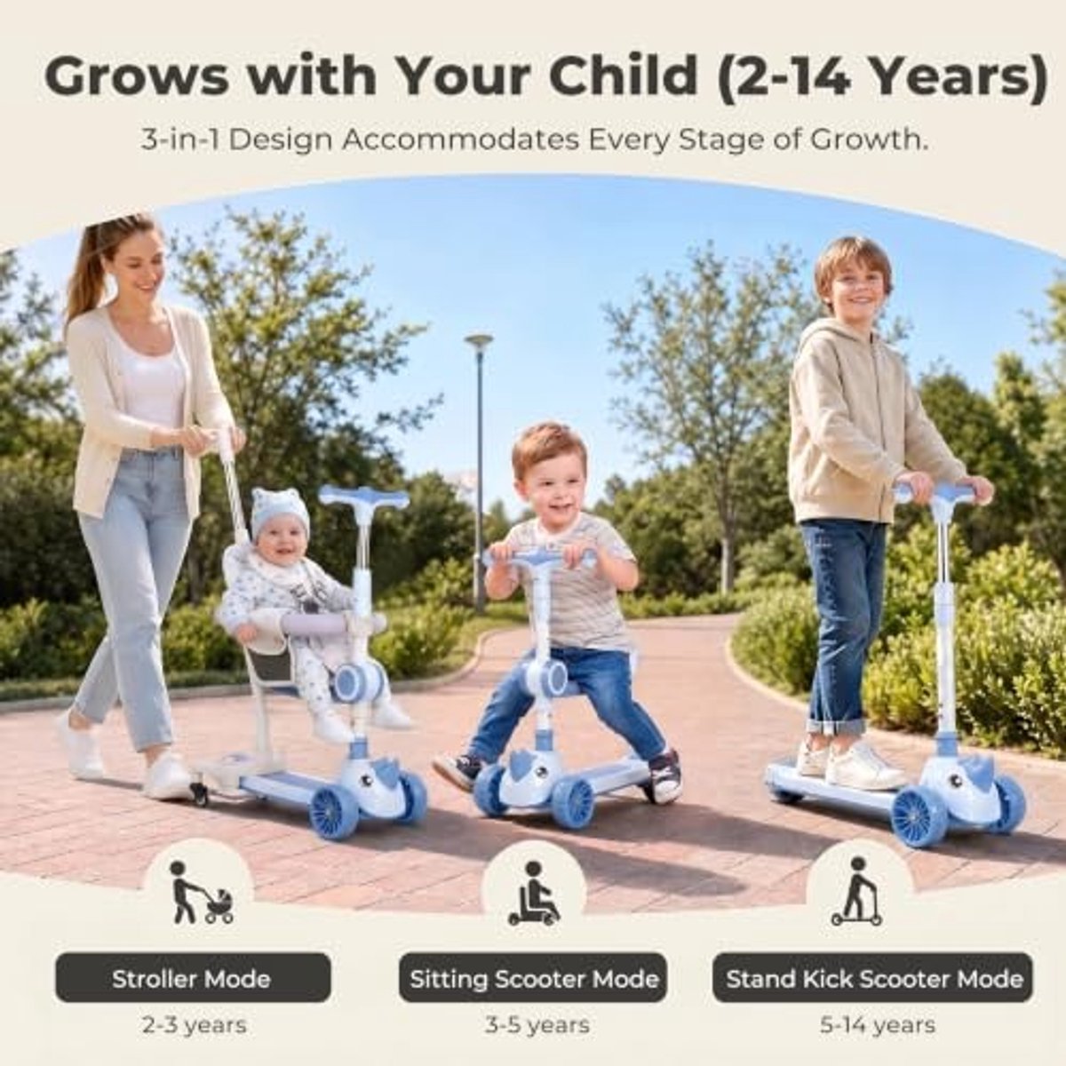 3-in-1 Kinderscooter met Duwstang - Verwijderbaar Zadel en LED-wielen