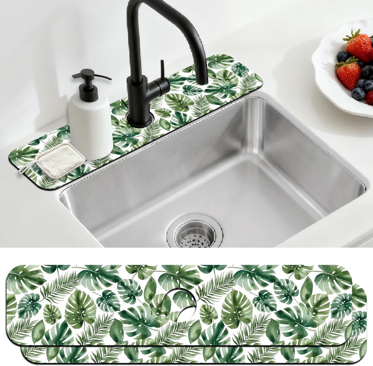 Keuken Afvoer Mat - Absorberend met Bladerenpatroon - 60 x 14 cm