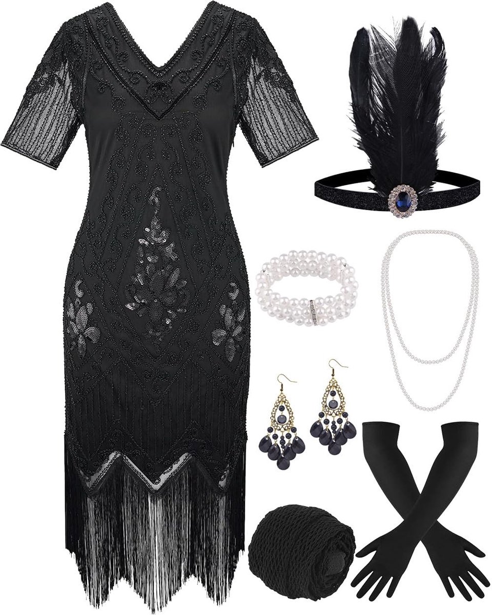 20-delig Flapper Kostuum Accessoires Set - Zwart