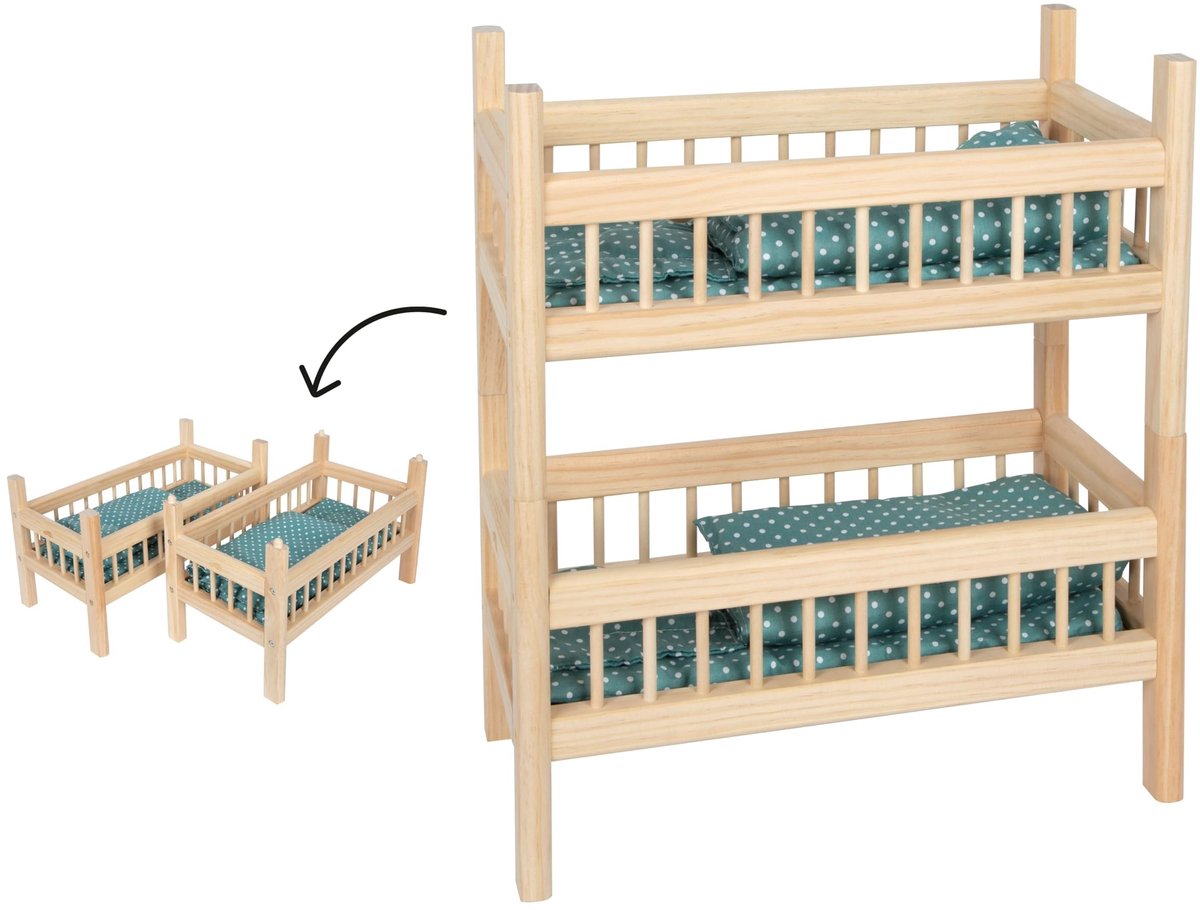 Houten Poppenbed 2-in-1 met Gezellig Bedlinnen - Natuurlijke Houtkleur