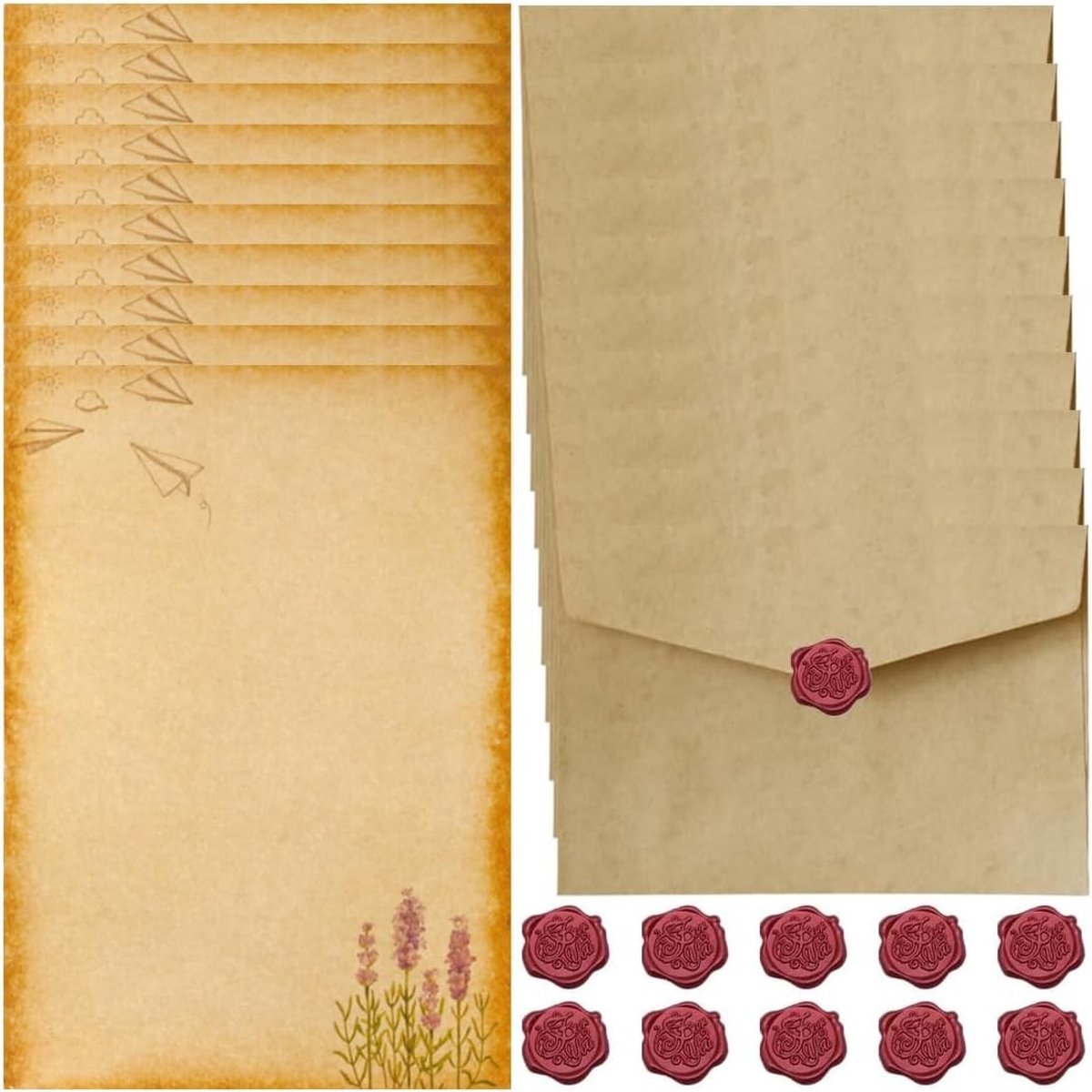 Vintage Briefpapier Set met Antieke Enveloppen, 10 Papieren Enveloppen, 16 Kraft Papieren en 10 Waszegels voor Uitnodigingen en Kaarten