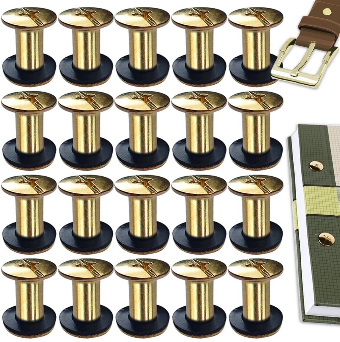 Boekschroeven 20 Stuks RVS M5 x 10 mm voor Leer, Rugzakken en Hondenhalsbanden - Gouden Kleur