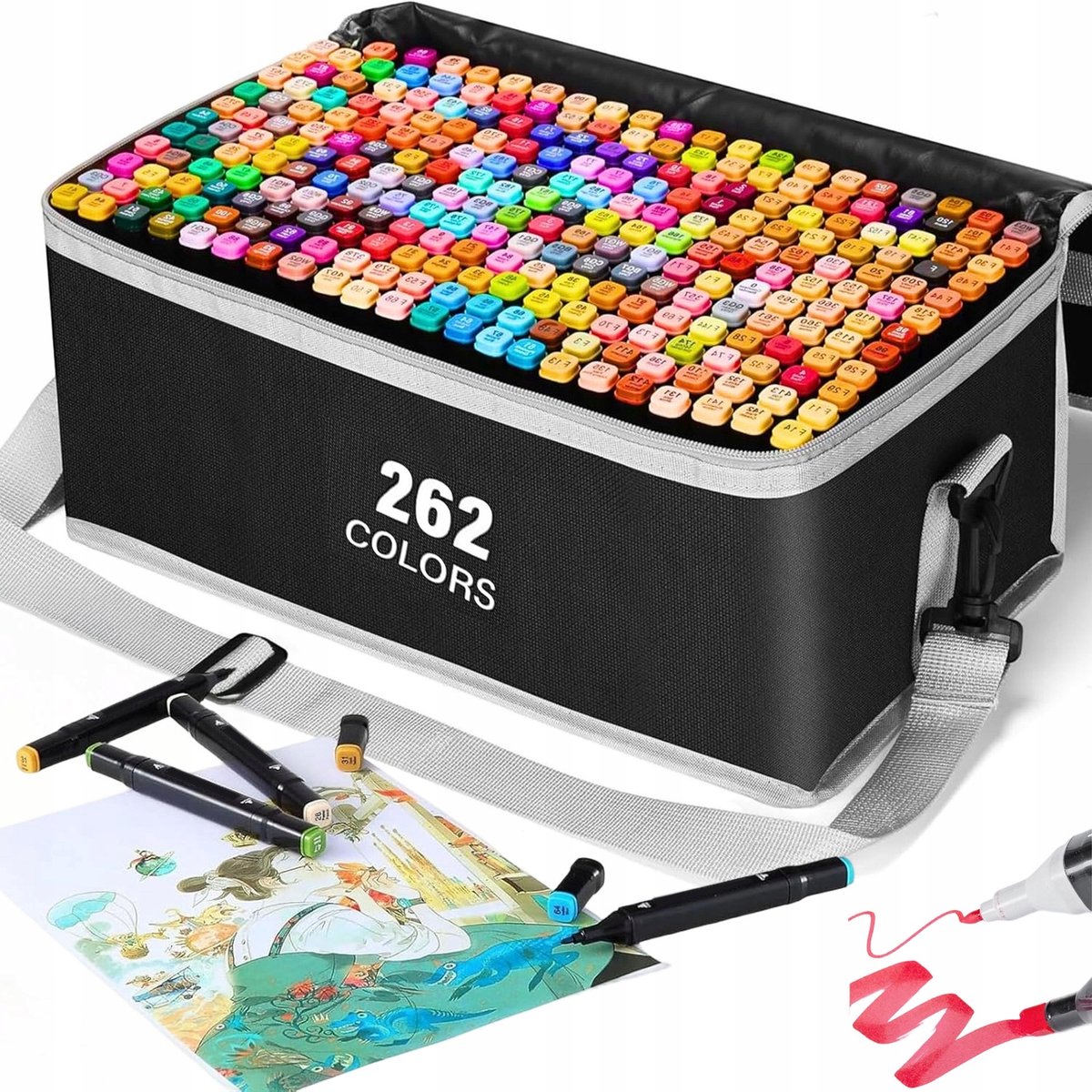 Twinmarkers 262 Kleuren - Alcohol Markers - Dubbelzijdige Stiften - Sneldrogend & Veegvast - Fijn & Breed - Watervast - Volwassenen & Kinderen - met Opbergtas Markeerstiften - Voor Manga & Schetsen & Illustraties