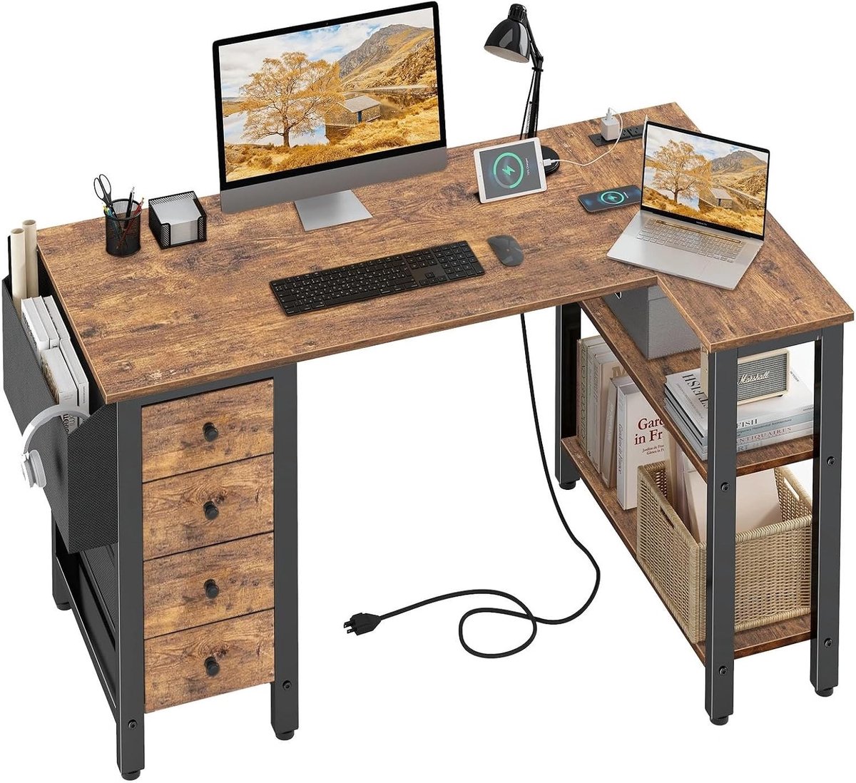 L-vormige computerbureau met lades en opbergrekken, 46 inch kleine hoekdesk met stopcontact voor thuiswerk, slaapkamer en gaming