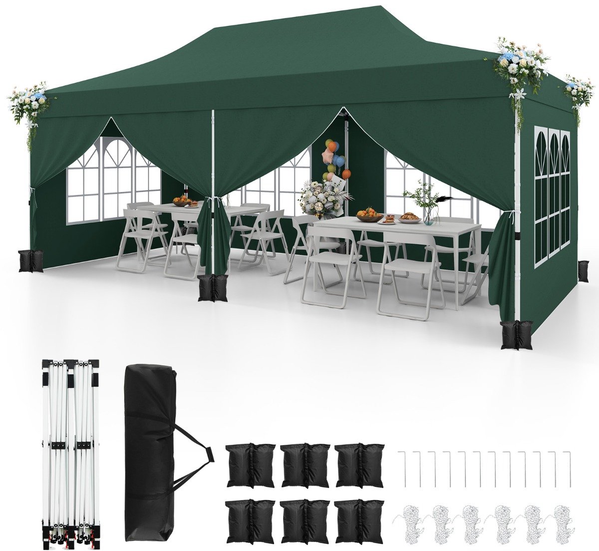 SureDeal® - Partytent - Afneembare Zijwanden Paviljoen - Draagtas - UPF Tuinpaviljoen - Feest Bruiloft - 600x300x296 cm - Groen